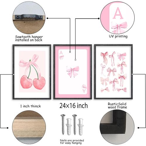 flowtorely Set Of 3 Trendy Pink Bows Poster Wall Art 24x16 Inch Girly Preppy Room Watercolor Aesthetic Wood Frame Sign For College Apartment Cherry Heart Poker Prints Girls Bedroom Hang Decor (Black) - frames with scratches