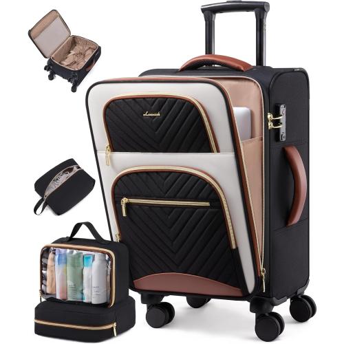 LOVEVOOK Carry on Luggage 22x14x9 Airline Approved, Waterproof Carry on Suitcase with 3 Pouches,Lightweight Softside Underseat Travel Luggage with 360° Spinner Wheels,TSA Lock for Travel Business