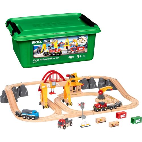 BRIO World Cargo Railway Deluxe - Wooden Track Train Set - Battery-Powered Engine, 3 Cranes, Bridge, Truck - Kids Ages 3  - Compatible with All BRIO Sets - FSC Certified Wood - 54-Pieces