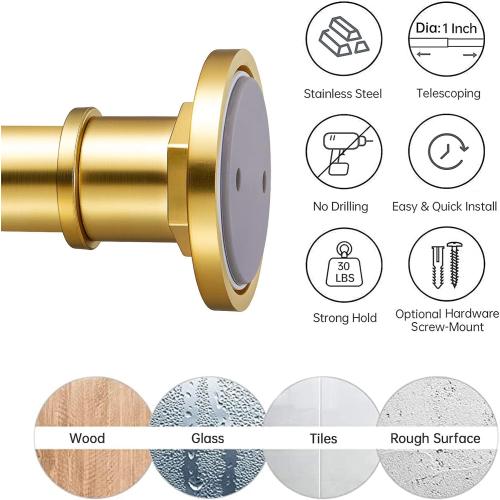 BRIOFOX Industrial Shower Curtain Rod - 2-in-1 Design Tension Curtain Rod - Never Rust Non-Slip 43 to 72 Inch Metal Steel, Gold Window Curtain Rod