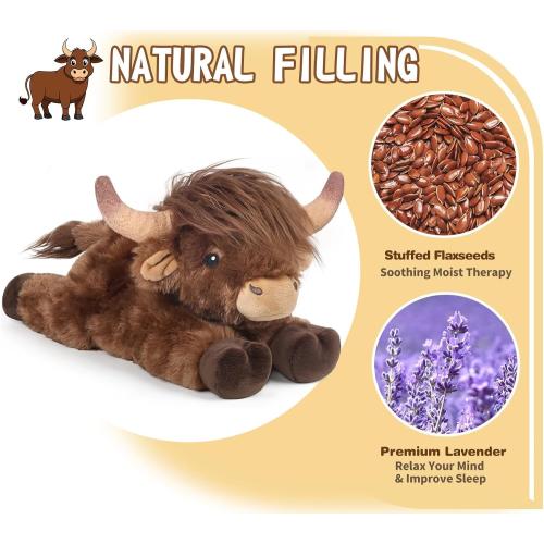 Highland Cow Stuffed Animals, Microwavable Stuffed Animal Adorable Fluffy Highland Cow Plush for Warmth Comfort, Heatable Coolable Lavender Scent Toy, Cute Soft Plushies Gift for Kid Boys Girl & Adult