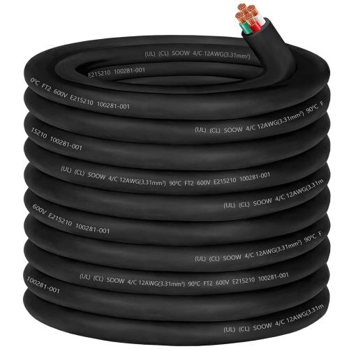 12/4 12 Gauge SOOW Wire 12 AWG SOOW Portable Power Cable 600V 4 Conductor 12/4 12 Gauge Extension Cord Electric Wire for Motor Lead,Generator,Welder,NEMA 14-20 RV Outlet Box,Car Battery Charger