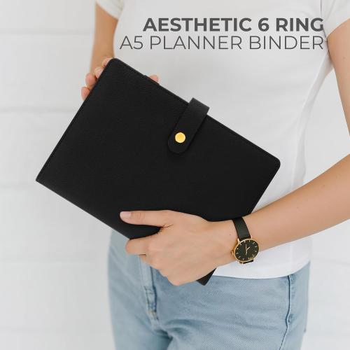 Aesthetic A5 Binder with 6 Golden Rings - Refillable & Sturdy Planner w Pockets Keeps You Perfectly Organized - Mini Notebook with Magnetic Closure Works Great as Photocard Binder for All Your Cards