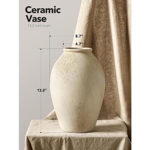 LE TAUCI Ceramic Flower Vase, 13.2 Inch Large Rustic Farmhouse Vase, Tall Floor Vase for Home Decor, Living Room Table & Mantel Centerpiece, Watertight & Sturdy, Matte Sandy Beige White