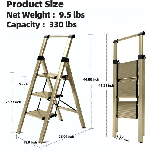 HillhutApex 3 Step Foldable Aluminum Step Ladder with Handgrip, Anti-Slip Pedal, 330 lbs Capacity, Lightweight & Portable for Home, Kitchen, Office, Garage (Gold)