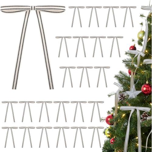 Riceshoot 24pcs Christmas Cotton Stripe Bows 5 x 7 Inch Vintage Rustic Pre-Tied Gift Bows with Wire Ties for Xmas Tree Wreath Fireplace Stairs Home Indoor Outdoor Decor(Black and White,Width of 3/8)