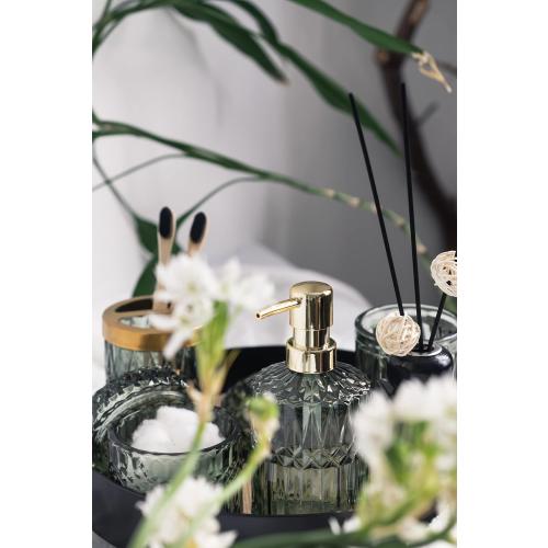 EMPO 6PCS Bathroom Clear Glass Accessories Set (Lotion Soap Dispenser, Soap Dish, Toothbrush Holder, Tumbler, Cotton Swab Jar), Contemporary Modern Decor Crystal Vintage Gift (6pcs Green)