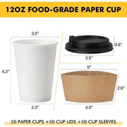 RACETOP 12 oz 50 pack Disposable Paper Coffee Cups with Lids and Sleeves