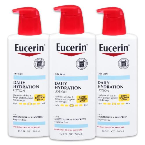 3PACK.....Eucerin Daily Hydration Lotion with SPF 15 - Broad Spectrum Body Lotion for Dry Skin - 16.9 fl. Oz. Pump Bottle (Pack of 3)