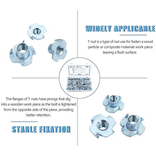 T Nuts 1/4-20, 5/16-18, 3/8-16, Jovlalis 160 pcs Zinc Plated Steel T-Nut 4 Pronged Tee Blind Nuts Assortment Kit for Wood, Rock Climbing Holds, Cabinetry, Furniture