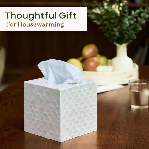 5.8” Capiz Tissue Box Cover, Square Decorative Tissue Holder with Bottom Slider, Handmade Bathroom Accessories, Elegant White Cube for Vanity, Bedroom, Office & Coastal Décor (Natural)