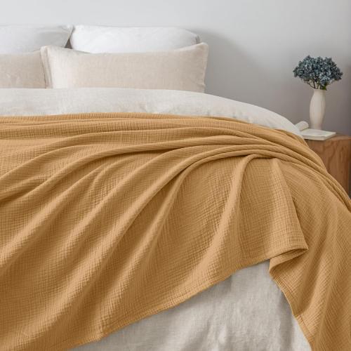 PHF 100% Cotton Muslin Blanket King Size 4-Layer Lightweight Gauze Throw, Breathable Cloud-Soft Minimalist Blanket for Bed, Couch, Camping, Amber, Ideal Gift