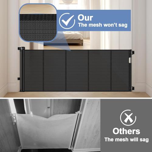 BLACK Reinforced Retractable Baby Gates with Support Beam 60 Wide Retractable Dog Gate Indoor Prevent Children and Dogs from Crawling Under Outdoor Dog Gate for Deck Mesh Gates for Kids or Pets, Black