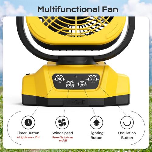 Battery Operated Fan for Dewalt 20V Max battery, Camping Fan with USB A/C & LED Lights, 4 Speeds & Remote Control, Portable/Cordless/Battery Powered fan, for Outside, Jobsite (Battery Not Included)