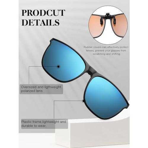 Frienda 3 Pair Oversize Polarized Clip-on Sunglasses Large Anti-glare TR90 Frame Flip up Driving Glasses for Women Men