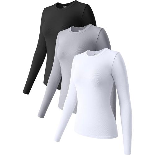 OQQ Womens 3 Piece Long Sleeve Tops Crew Neck Stretch Fitted Underscrubs Layer Tee Shirts 2025 Casual Outfits Black Grey White
