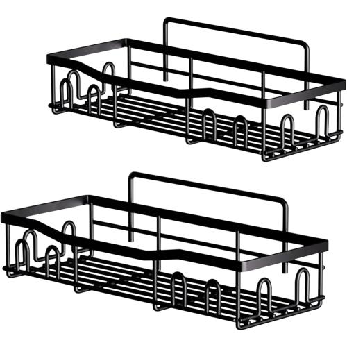 Black Shower Caddy – Rustproof Stainless Steel Bathroom Organizer Shelf with Hooks & Adhesive Mount – No-Drill, Waterproof, Wall-Mounted Storage Rack for Shampoo, Conditioner, Soap & More