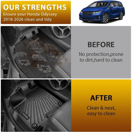Powerty Floor Mats for Honda Odyssey 2026 2025-2018 Mini Passenger Van Car Mats, All Weather TPE Custom 1st 2nd & 3rd Rows Floor Liner and Cargo Liner Honda Odyssey Accessories (Floor Mats Trunk Mat)