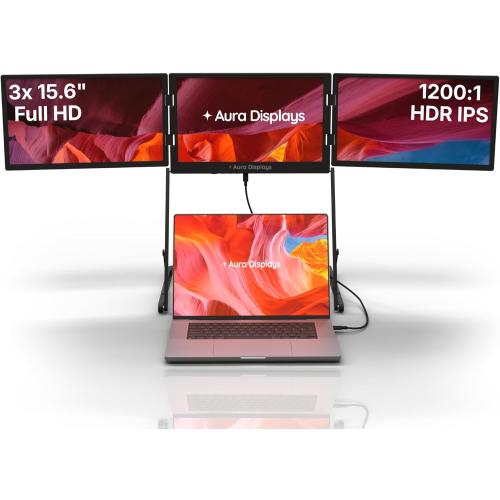 Triple Aero 15.6” Pro Max | Premium Triple Portable Monitor Extender | Full Aluminum | Quad Screens | 3×15.6” FHD 1080P HDR IPS | USB-C & HDMI | Compatible with 11-18” Laptops