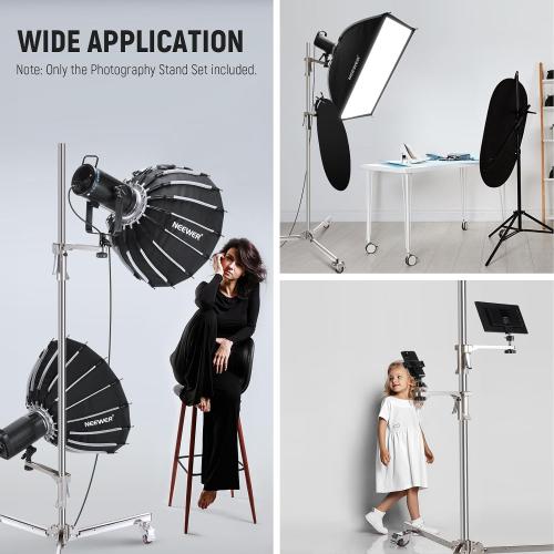 NEEWER 6.5ft/198cm Stainless Steel Light Stand, Heavy Duty Tripod Stand with Caster Wheels, 2 Sliding Arms with Pistol Grip, Folding Leg for Photography Softbox Monolight, Max. Load 35lb/16kg, ST198SS