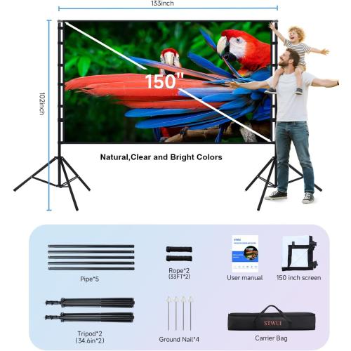 Projector Screen with Stand - 150 Inch Portable Projector Screens Outdoor Indoor Projector Screen 16:9 4K HD Outdoor Movie Screen with Carry Bag,Enioy Home Theater Projection Screen