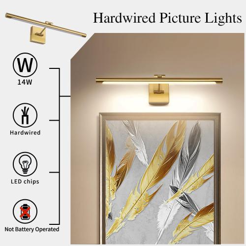 LED Picture Light Fixtures 24.4 Inches, Full Metal Artwork Wall Lamp with Single Swing Arm, 14W (70W Eqv.), Hardwired Connection, Dimmable, 3000K Warm White, CRI95 , Golden-Like Brass Finish
