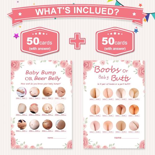 Baby Shower Games for Girl-2 Games(50 of Each),Double-Sided,Thick Cardboard,Fun,Hilarious,and Easy to Play,Baby Shower Games 50 Guest,with Answer Keys