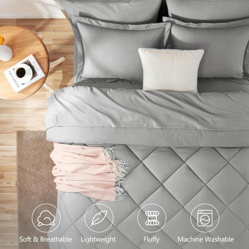 CozyLux Queen Comforter Set with Sheets Light Grey - 7 Pieces Bed in a Bag