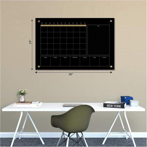 Size Large Color Black Glass 3-1 Monthly Dry Erase Calendar Whiteboard for Wall Frameless Mounting,Office/School/Home, Frameless Large Planner White Board