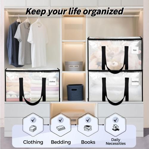 16 Pack Extra Large Heavy Duty Moving Bags, Clear Storage Bins with Lids, Reinforced Handles & Heavy-Duty Zippers Moving Boxes Storage Bags Totes for Clothes Packing, Dorms, College Supplies, Clear