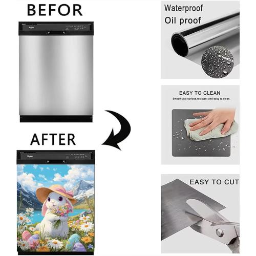 BVBOX Dishwasher Magnet Cover 23x26 Reusable Magnetic Refrigerator Covers Dishwasher Magnets Decorative Cover Fridge Door Skin Panel Stickers (Pink Hat Rabbit, 23 W x 26 H)