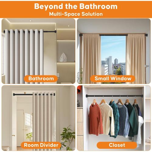 Shower Curtain Rod, 32-80 Inches Adjustable Spring Tension Curtain Rod, Stainless Steel Rust-Proof Shower Rod for Bathroom, No Drilling, Non-Slip, Black