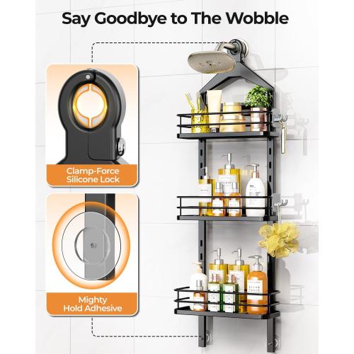 ODesign 3 Tier Height-Adjustable Shower Caddy Hanging Hanger Anti-Swing-Over The Shower Head Caddy-Shower Storage Organizer Bathroom Shelves Basket Shower Caddies-Black,11.9 x 4.84 x 36.2
