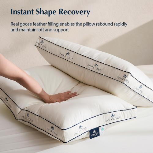 Pacific Coast Goose Feather and Down Pillows, Queen Size Set of 2, Gusseted Pillows, Bed Pillows for Sleeping, Good for Side and Back Sleepers, 100% Organic Cotton Cover