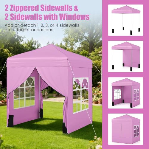 Tangkula 6.5x6.5 FT Pop Up Canopy, UPF50  Outdoor Canopy Tent with 2 Removable Sidewalls, 2 Zippered Doors, Heavy-Duty Carbon Steel Frame, Wheeled Bag, 4 Sandbags, 8 Stakes, 4 Wind Ropes (Pink)