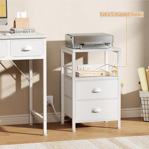 Furologee End Table with Charging Station, Nightstand with Fabric Drawers, Side Tables with USB Ports & Outlets, Night Stand with Storage Shelf & Hooks, for Living Room/Bedroom, White