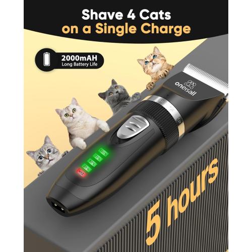 oneisall Quiet Cat Clippers for Matted & Long Hair, 2-Speed Cordless Pet Shaver Grooming Kit for Cats, Small Dogs & Animals (Black)