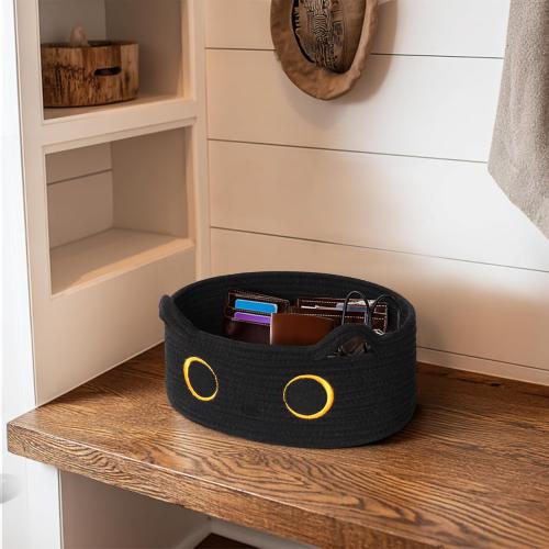 Black Cat Toy Basket, Small Woven Cat Toy Storage Box with Cute Ears Handle Indoor, Cotton Rope Storage Bin with Embroidered Face for Halloween Decor, Pet Bed, Nursery Kids Room Organization