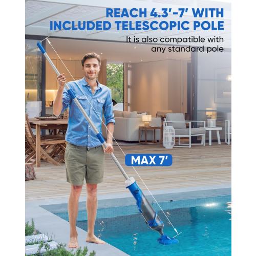 Cordless Pool Vacuum with Telescopic Pole, 18.5 GPM Powerful Suction, 1.5H Supercharge Technology, Handheld Rechargeable Pool Vacuum Cleaner for Above Ground/Inground Pools, Hot Tubs, Spas