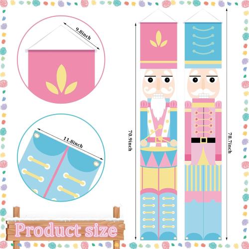 2 Pcs Nutcracker Christmas Porch Banner Decorations Pink Nutcracker Sign, Pastel Christmas Welcome Sign for Front Door 12 x 71 Candyland Xmas Door Hanging Banner Soldier Model Decor for Xmas