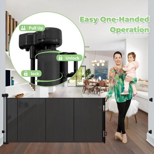 96 Inch Wide Reinforced Retractable Baby Gate with Support Rods, Extra Long Dog Gate Retractable Gate Outdoor Gates for Decks, Prevent Crawling Under Extra Long Baby Gates for Large Openings, Black