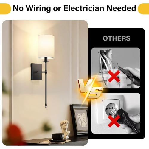 24.8 Inch Black Battery Operated Wall Sconces Set of 2, Rechargeable Wireless Wall Lights with Remote & White Fabric Shade, Indoor Not Hardwired Dimmable Wall Lamps for Bedroom, 2 Bulbs Included