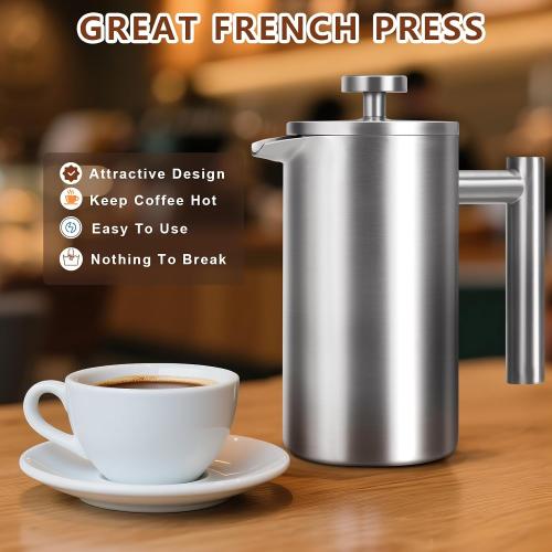 French Press 34 oz, Full Stainless Steel French Press Coffee Maker 4 Cups