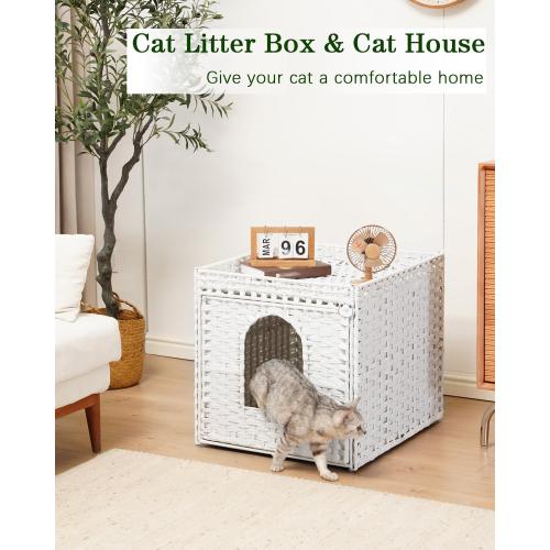 SETVSON Cat Litter Box Enclosure Furniture, Large PE Rattan, White | Large PE Rattan Kitty House fits Large Litter Boxes, Top Fence, Included Litter Mat, 2 S-Hooks, Sturdy Metal Frame