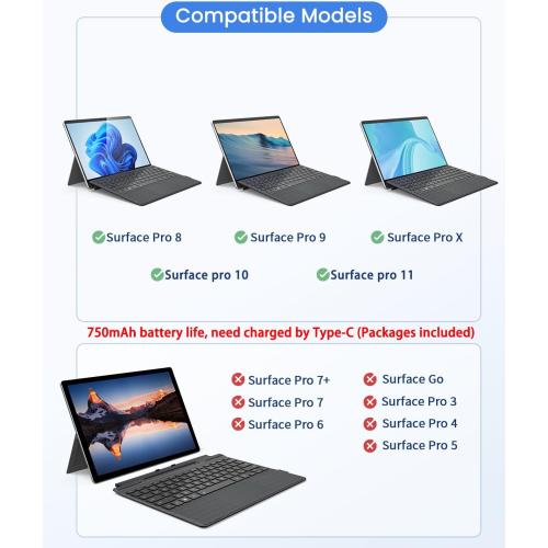 Dark Grey Surface Pro Keyboard, Wireless Type Cover for Microsoft Surface Pro 11/10/9/8/X 13 inch, Ultra-Slim Bluetooth Portable Magnetic Keyboard with 7 Color Backlit, Pen Holder, Trackpad