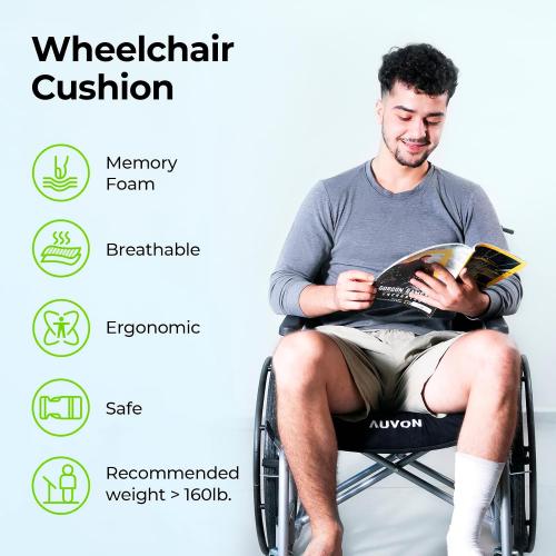AUVON Wheelchair Seat Cushions (18x16x3) for Sciatica, Back, Coccyx, Pressure Sore and Ulcer Pain Relief, Memory Foam Pressure Relief Cushion with Removable Strap, Breathable & Waterproof Fabric