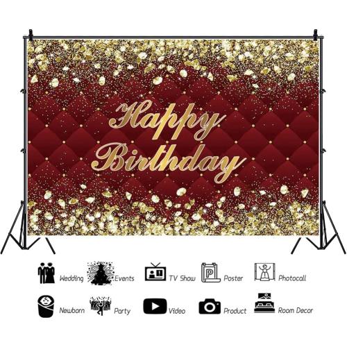 Red Cloth Renaiss Happy Birthday Backdrop Banner for Photoshoot Gold Diamonds Royal Red Photography Background for Men Women 30th 40th 50th 60th 70th 80th Bday Party Decor Glittering Photo Booth Prop