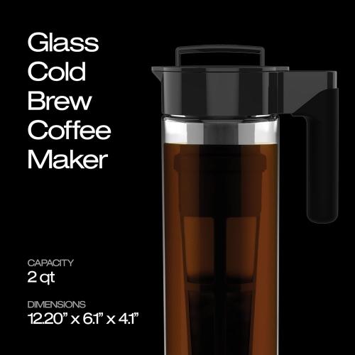 Takeya Glass Cold Brew Coffee Maker for Iced Coffee, Airtight Pitcher, Premium Quality, 2 Quart, Black Lid and Handle