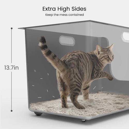 Stainless Steel Litter Box 13.7'' High Sides, XL Metal Cat Litter Box with Curved Low Entry, Cat Litter Pan for Big & Multiple Cats, Pet Toliet with Handy Wheels for Easy Moving