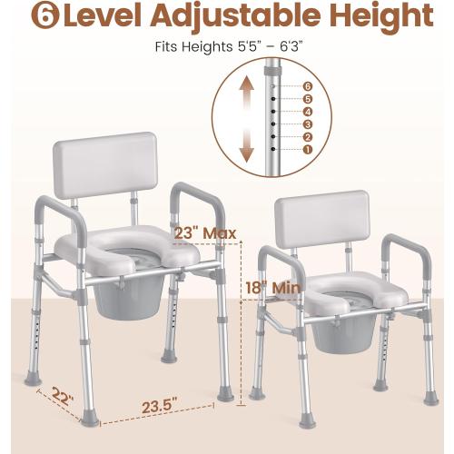SOUNDFUSE Bedside Commode Chair with Padded Seat and Backrest, Aluminum Dual-Crossbar, Height Adjustable, Portable Toilet for Seniors and Adults, Potty Bucket and Splash Guard, 350 lbs Weight Capacity
